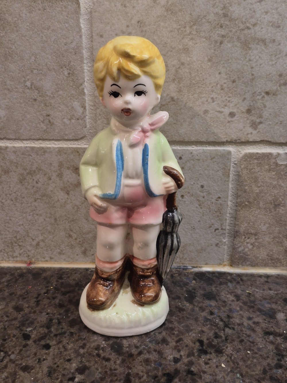 Vintage‎ Made in Japan Ceramic Little Boy With Umbrella Collectible Figurine
